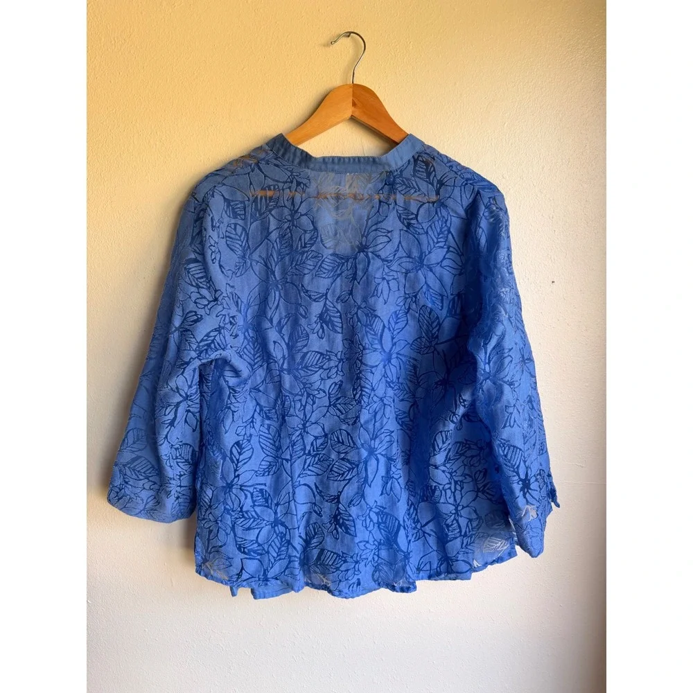 Covington Blue Linen Blend 2 Piece Set Burnout Floral Blouse & Tank XL